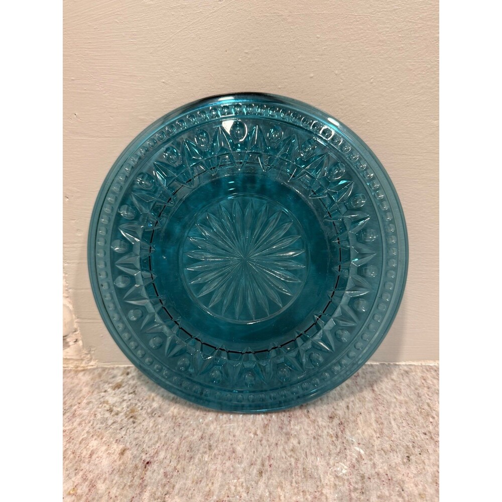 Vintage Colony Park Lane Teal Blue Glass Plates Set of 4 Starburst Salad Dessert
